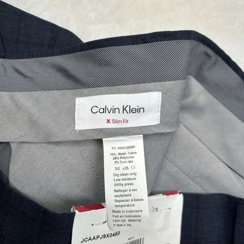 Calvin Klein Slim Fit Dress Pants‎ Mens 36x34 Navy Blue Plaid Stretch Wool NEW